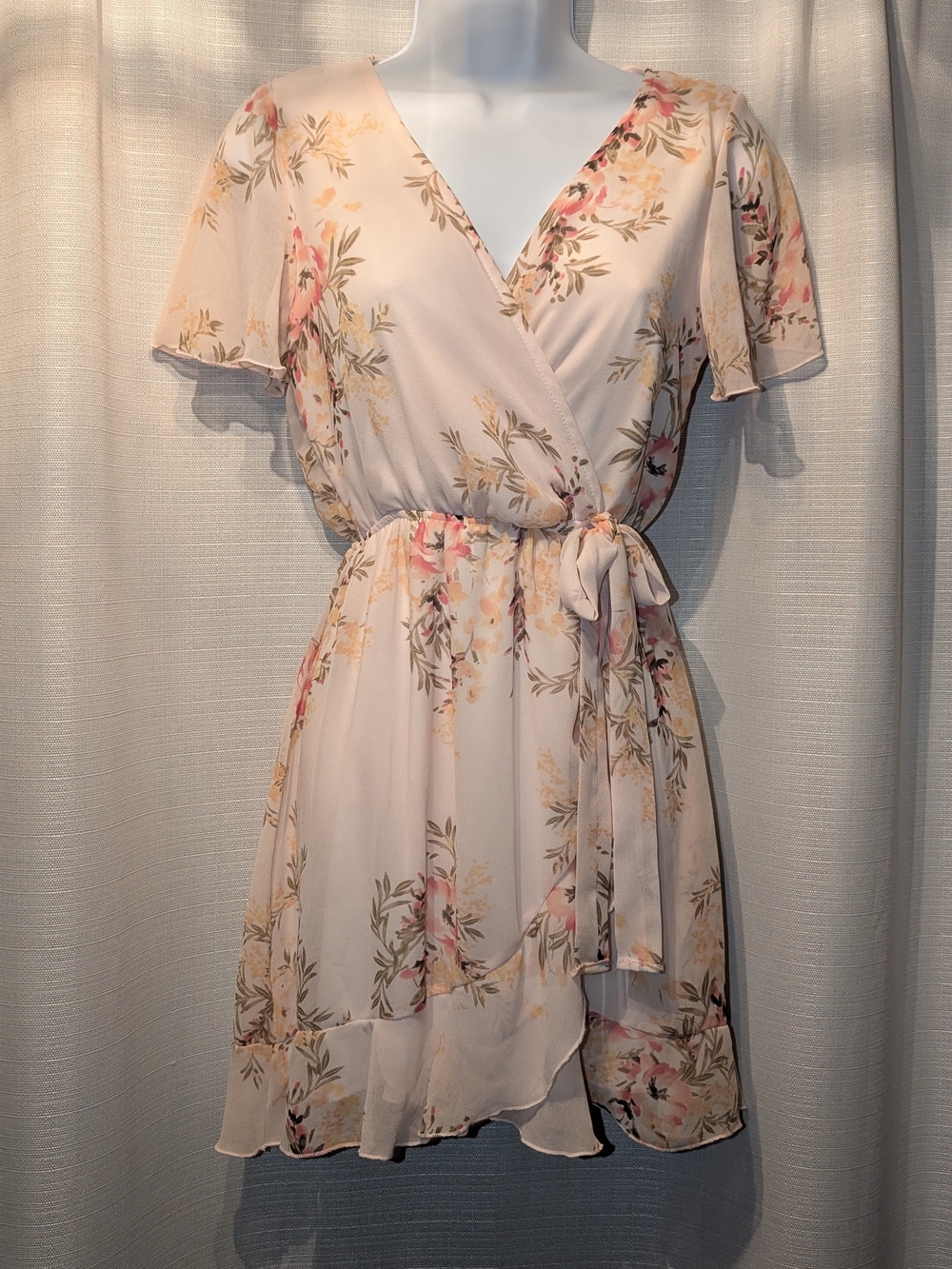 Floral Wrap Mini Dress in Cream and Pink